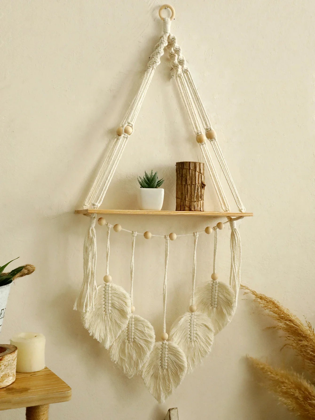 Boho Macrame Floating Wall Shelf with Leaf Tassels