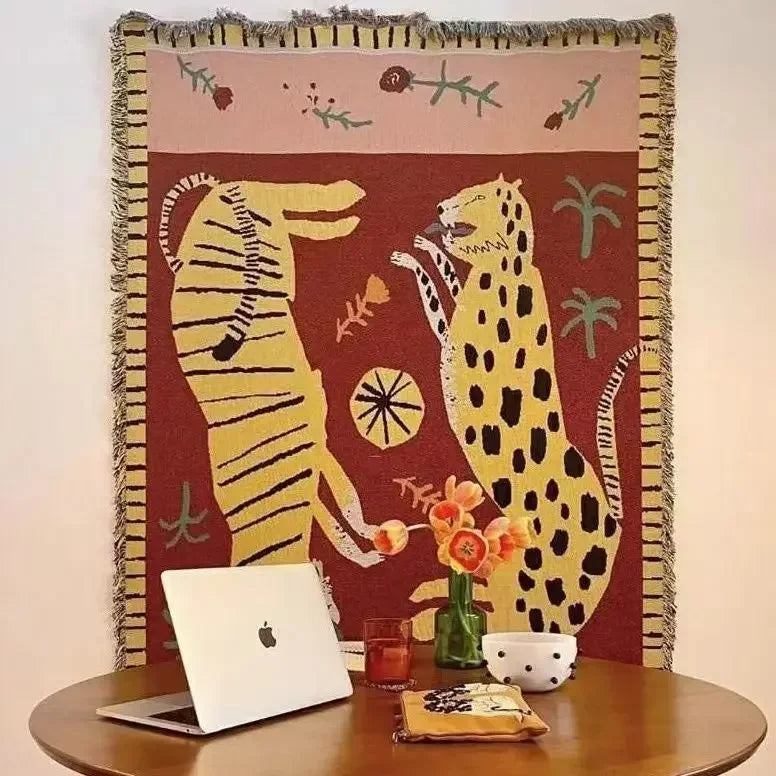 Two Leopard Tapestry Throw Blanket – Woven Cotton Blend Boho Animal Print Blanket for Sofa, Bed & Home Decor