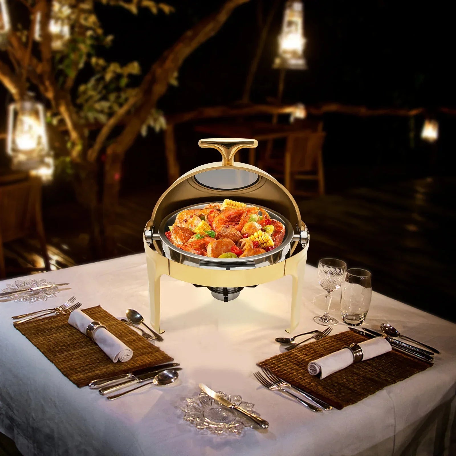 BYMAOCAR Round Chafing Dish Buffet Set 6.3 QT, Roll Top Stainless Steel Buffet Warmer Chafers with Food and Water Trays