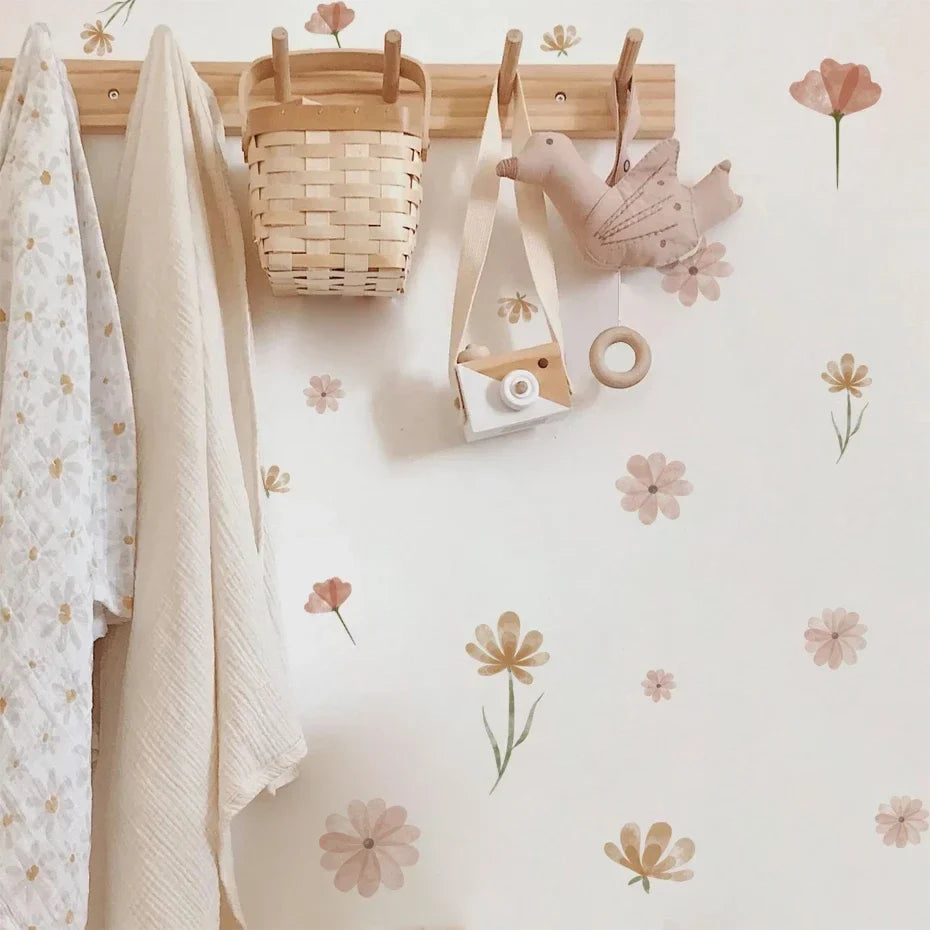 Boho Floral Leaf Wall Stickers – Removable 3D Vinyl Decals for Kids' Nursery & Home Decor - Pink Flowers