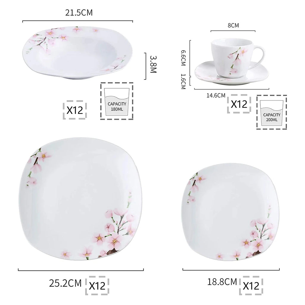 VEWEET ANNIE 60-Piece Porcelain Dinnerware Set – White Ceramic Pink Floral Plates, Bowls, Cups & Saucers for 12 People