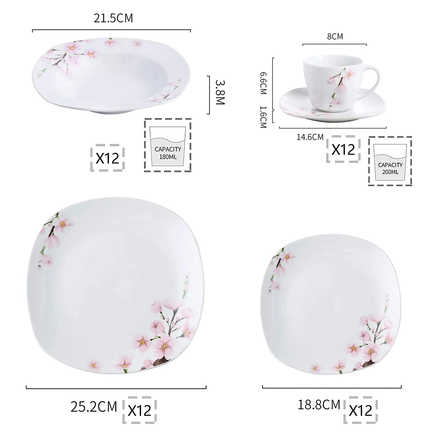 VEWEET ANNIE 60-Piece Porcelain Dinnerware Set – White Ceramic Pink Floral Plates, Bowls, Cups & Saucers for 12 People