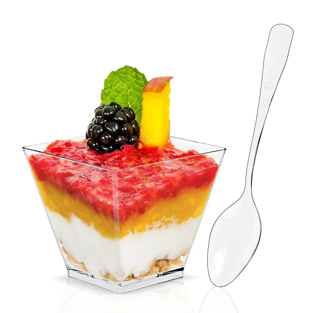 60ml Dessert Bowl with Spoon Set Square Mini Dessert Cups Disposable Supplies Reusable Accessories for Tasting Pudding Yogurt