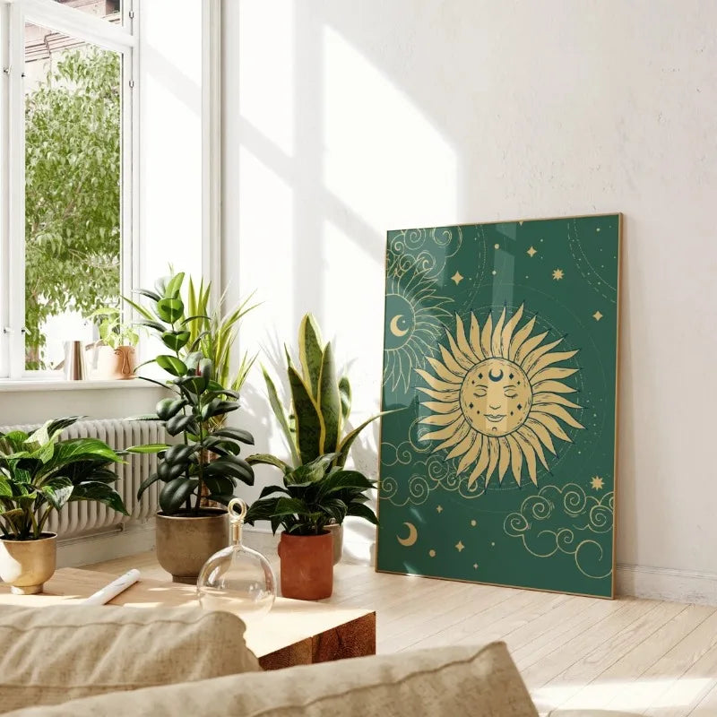 Celestial Green & Gold Sun + Moon Canvas Wall Art