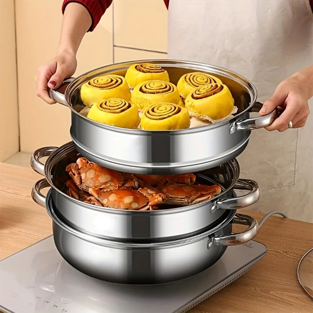 5PCS Stainless Steel Double & Triple Layer Steamer Soup Pot – 2-in-1 Multifunctional Cooking Set