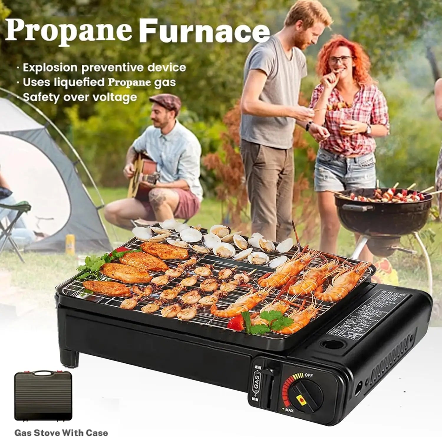 Portable Butane Gas Grill Stove Dual Inlets Adjustable Firepower with Carrying Case Grill Net for Camping Outdoor Use