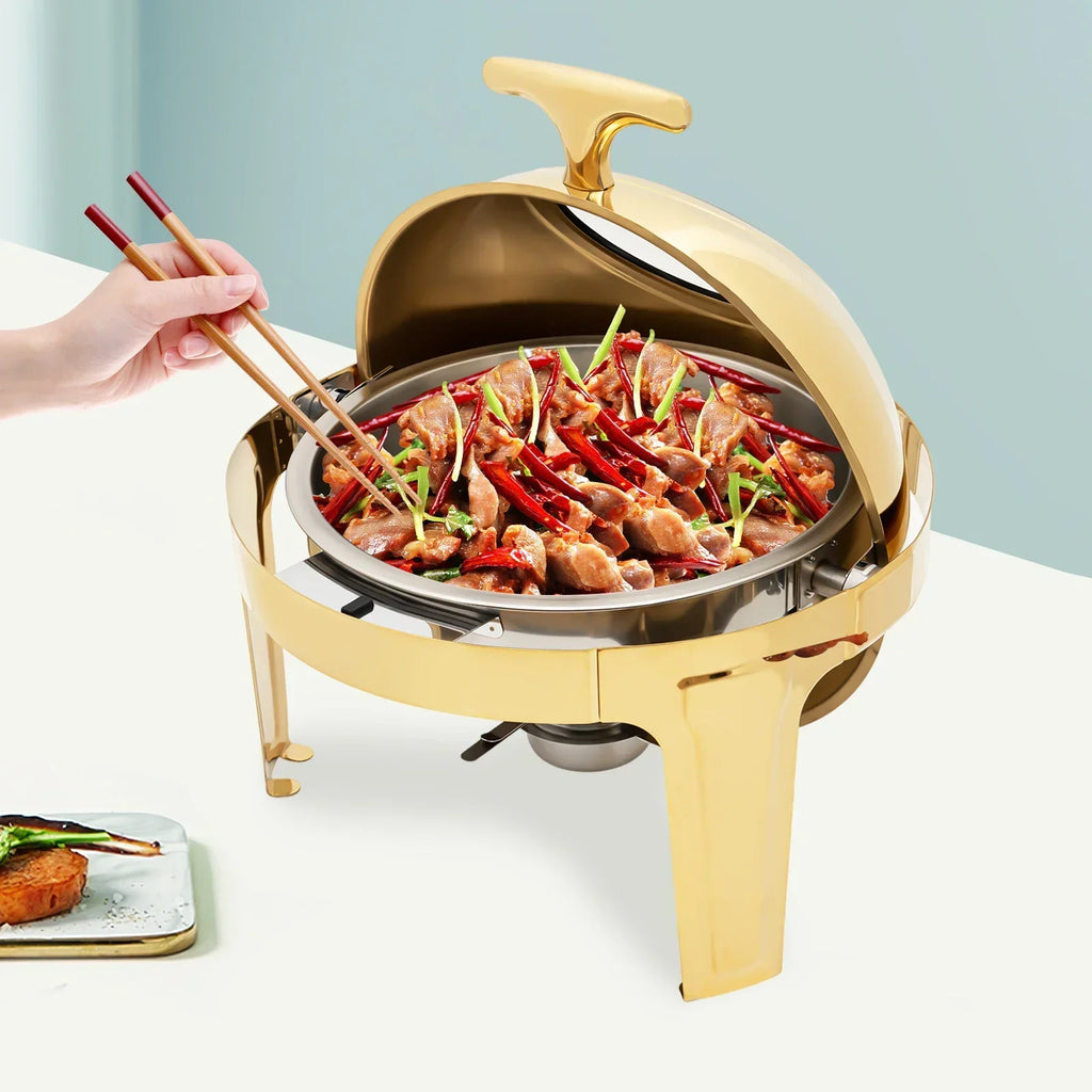 BYMAOCAR Round Chafing Dish Buffet Set 6.3 QT, Roll Top Stainless Steel Buffet Warmer Chafers with Food and Water Trays