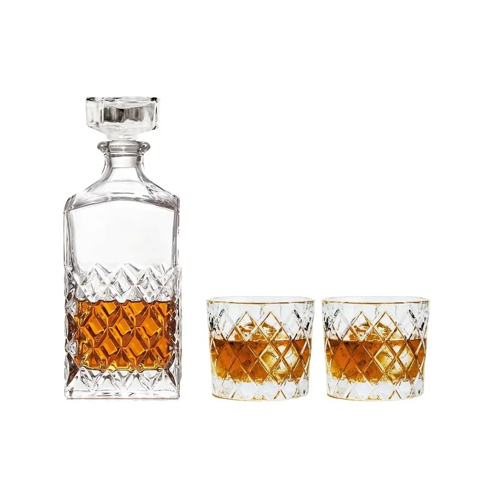 Diamond Cut Clear Glass Decanter and DOF Set 3 Pack 32oz Decanter 8oz Old Fashioned Glasses Durable Dishwasher Safe