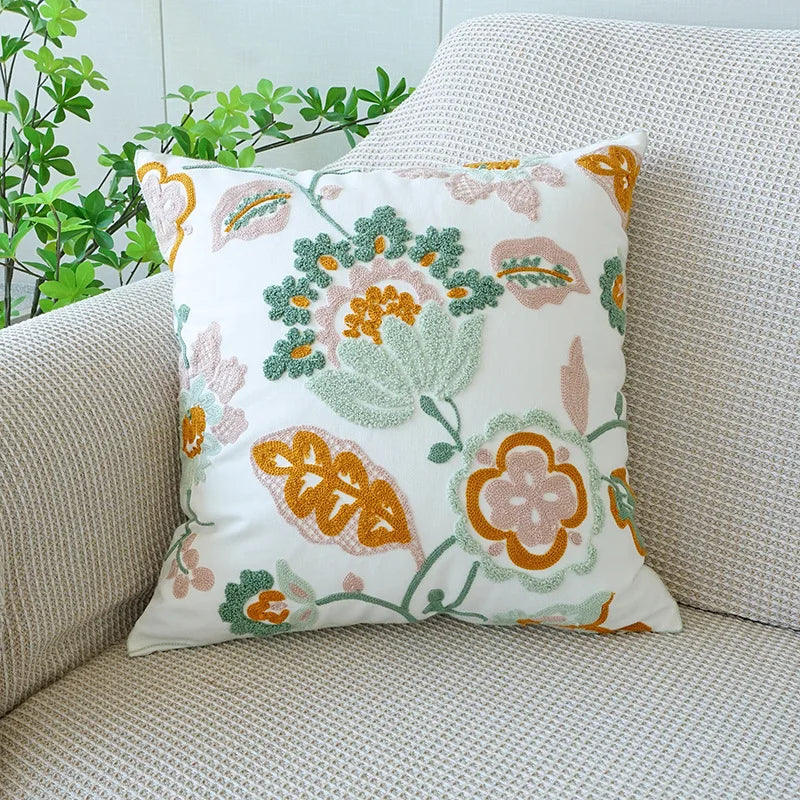 Embroidered Flower Throw Pillow Covers – Boho Cotton Cushion Covers for Bed, Sofa & Home Decor (30x50cm / 45x45cm)