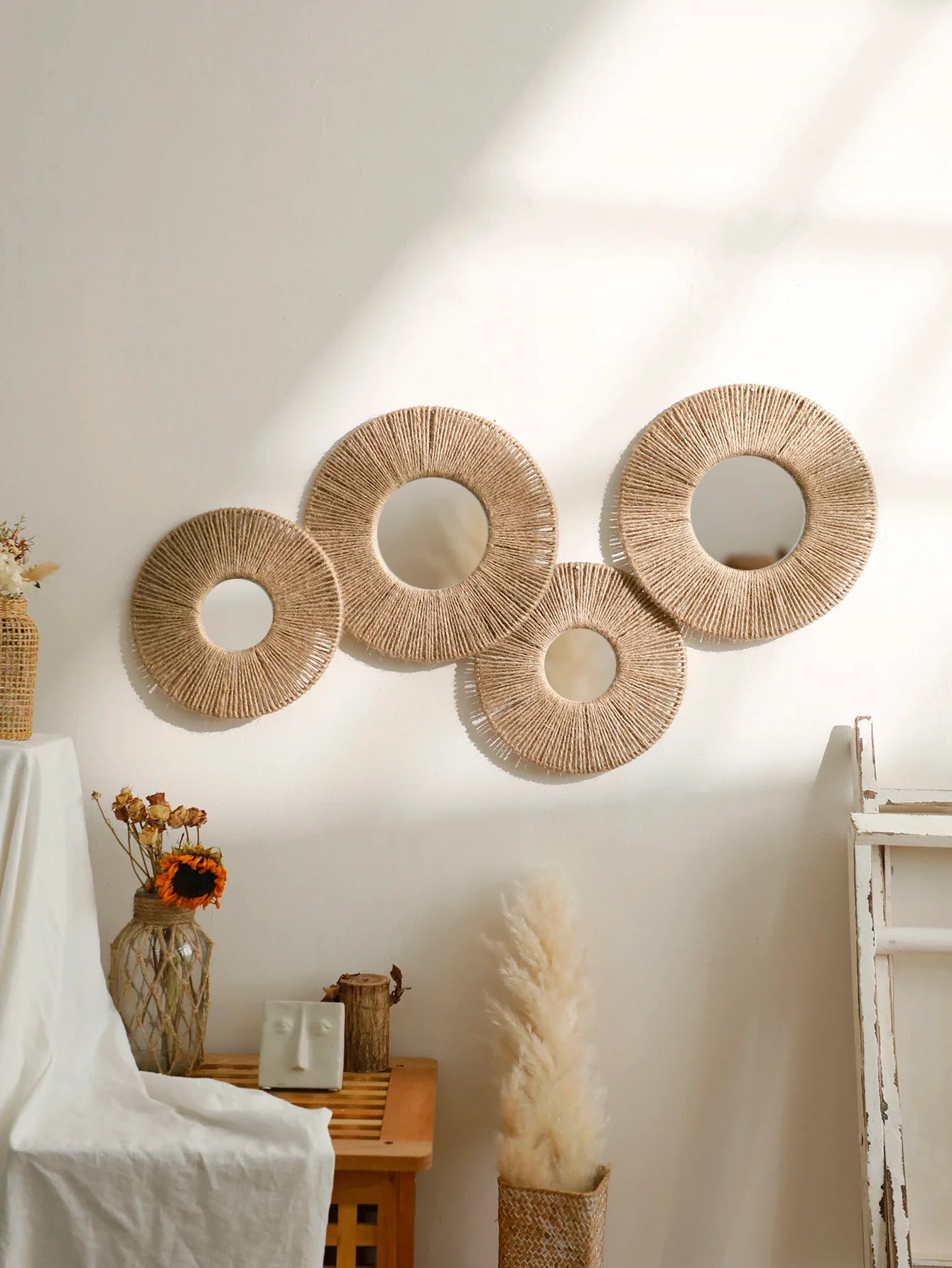 Round Wall Mirror Hanging Decorative Mirrors With Woven Hemp Rope Boho Wall Decor for Bedroom Living Room