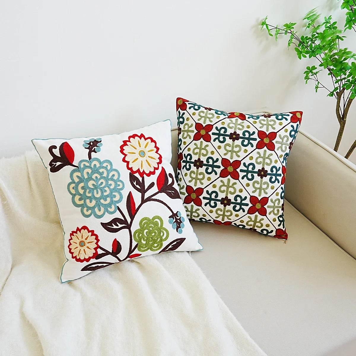 Boho Home Decor Floral Embroidered Pillow Cover – Square Decorative Cushion Case for Sofa & Home