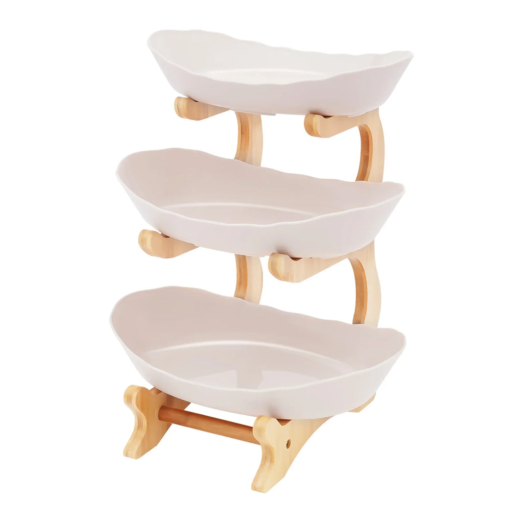 3-Tier Fruit Plate,Snack Dessert Cake Tray Plate Rack for Party Wedding,Fruit Bowl W/ Bamboo Wood Stand,Candy Dish Cake Stand
