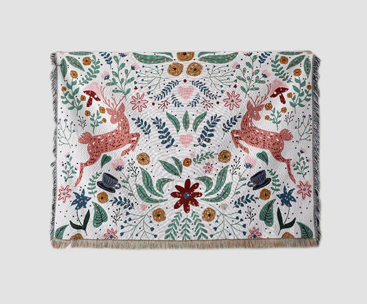 Floral Deer Forest Woven Throw Blanket