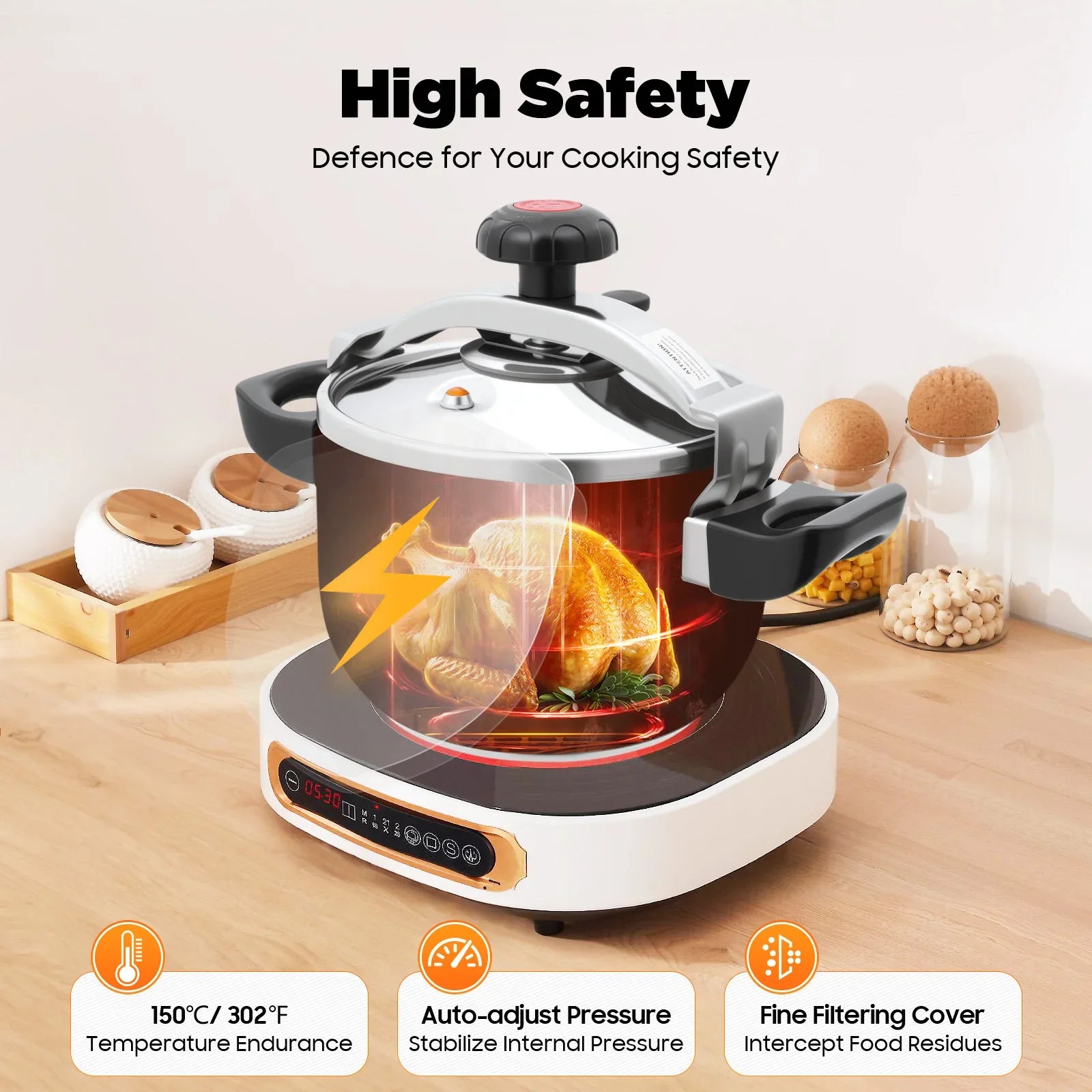 7.4Qt Stainless Steel Pressure Cooker – 60KPa High Pressure Pot for Fast Cooking