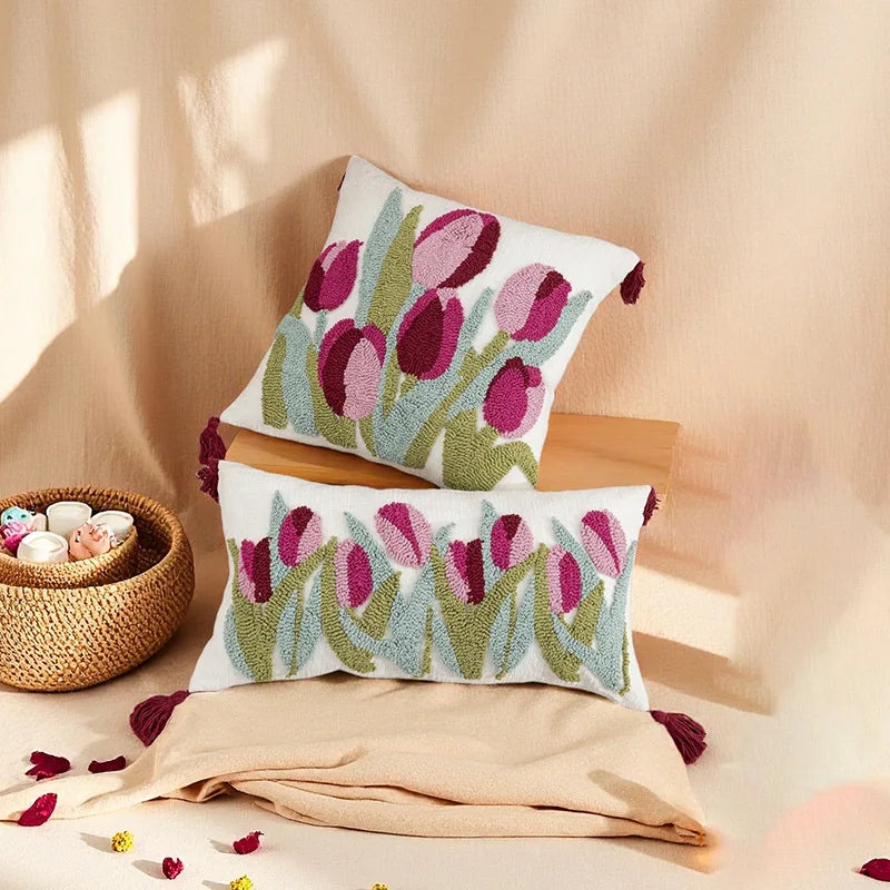Floral Embroidered Pillow Cover