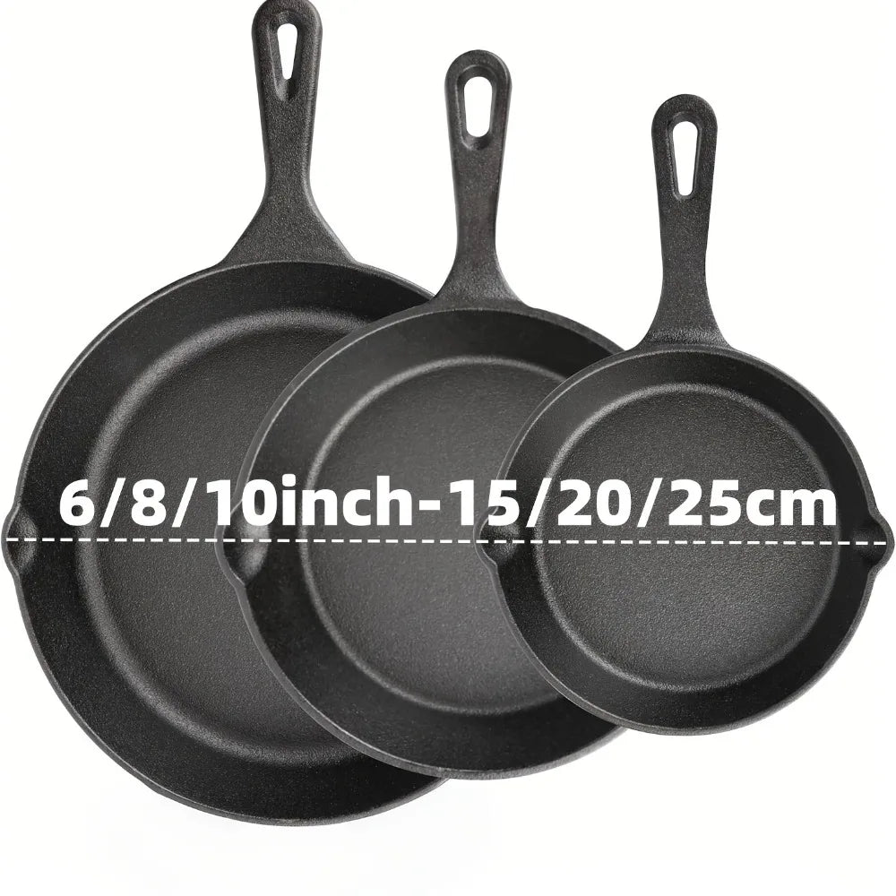 3PCS Pre-Seasoned Cast Iron Skillet Set (6/8/10 Inch) – Heavy-Duty Frying Pans for Oven, Grill & Campfire Cooking, Even Heat with Natural Non-Stick Surface