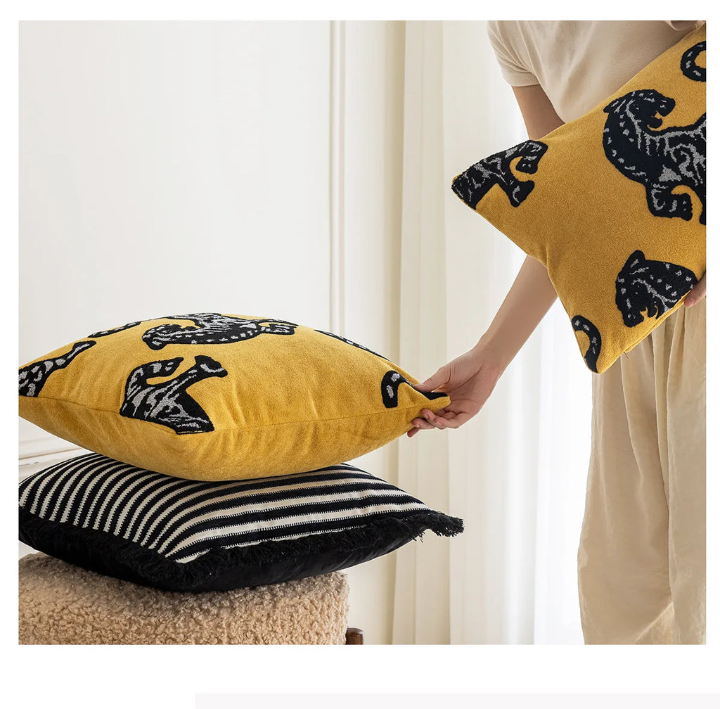 Tiger Embroidered Throw Pillow Cover – Luxury Boho Cushion Case for Sofa, Bed & Home Decor