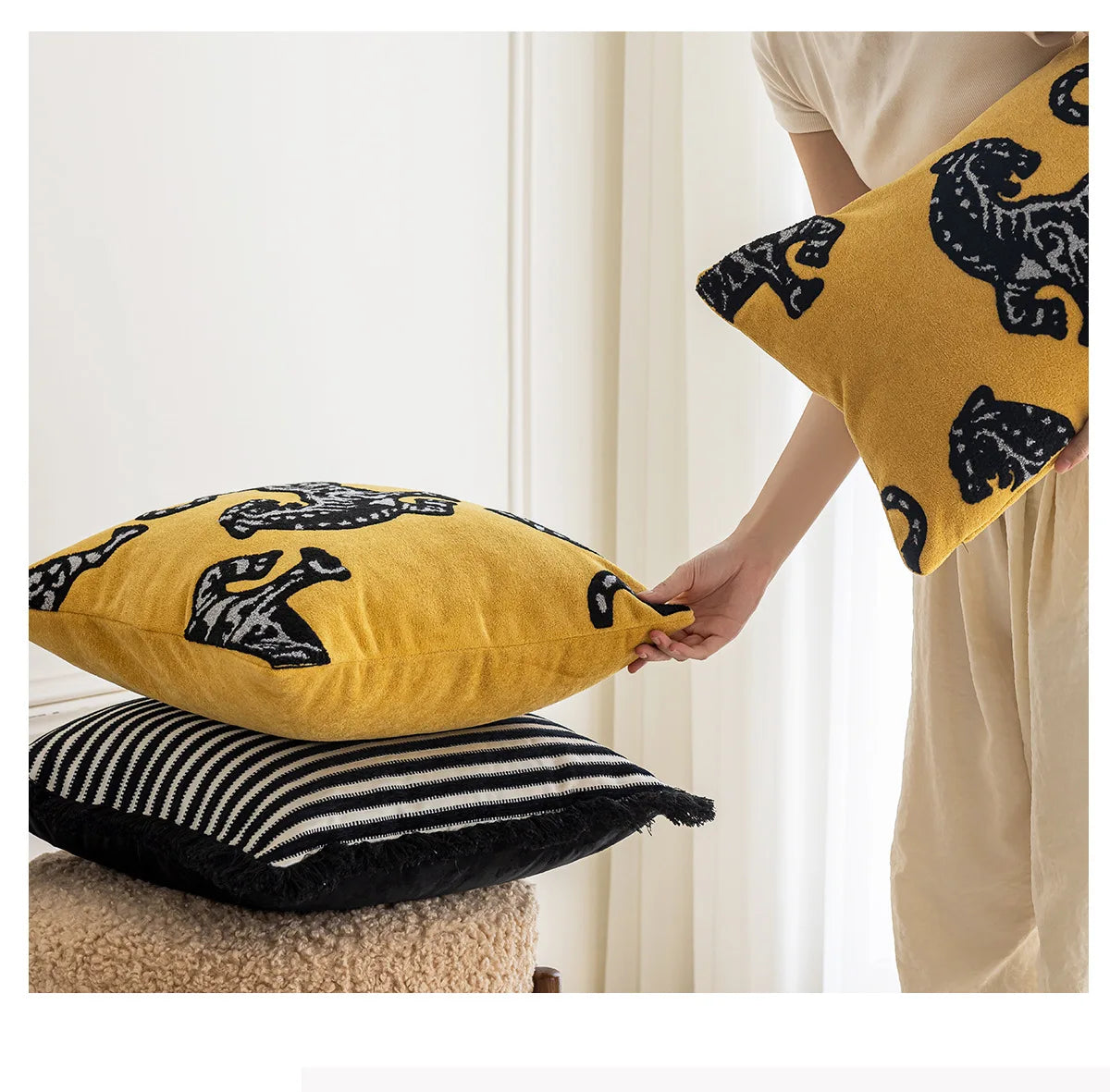 Tiger Embroidered Throw Pillow Cover – Luxury Boho Cushion Case for Sofa, Bed & Home Decor