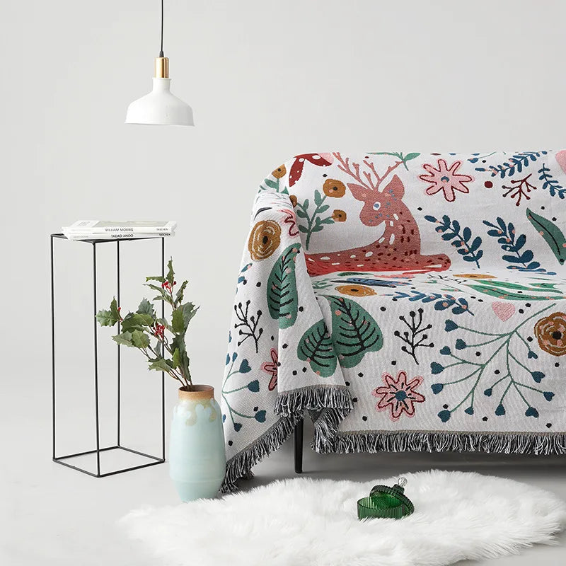 Floral Deer Forest Woven Throw Blanket
