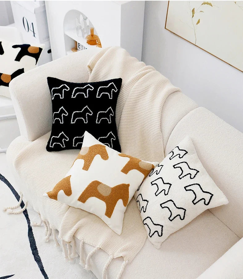 Nordic Embroidered Animal Pillow Cover – Modern Boho Plush Cushion for Couch, Bed or Nursery