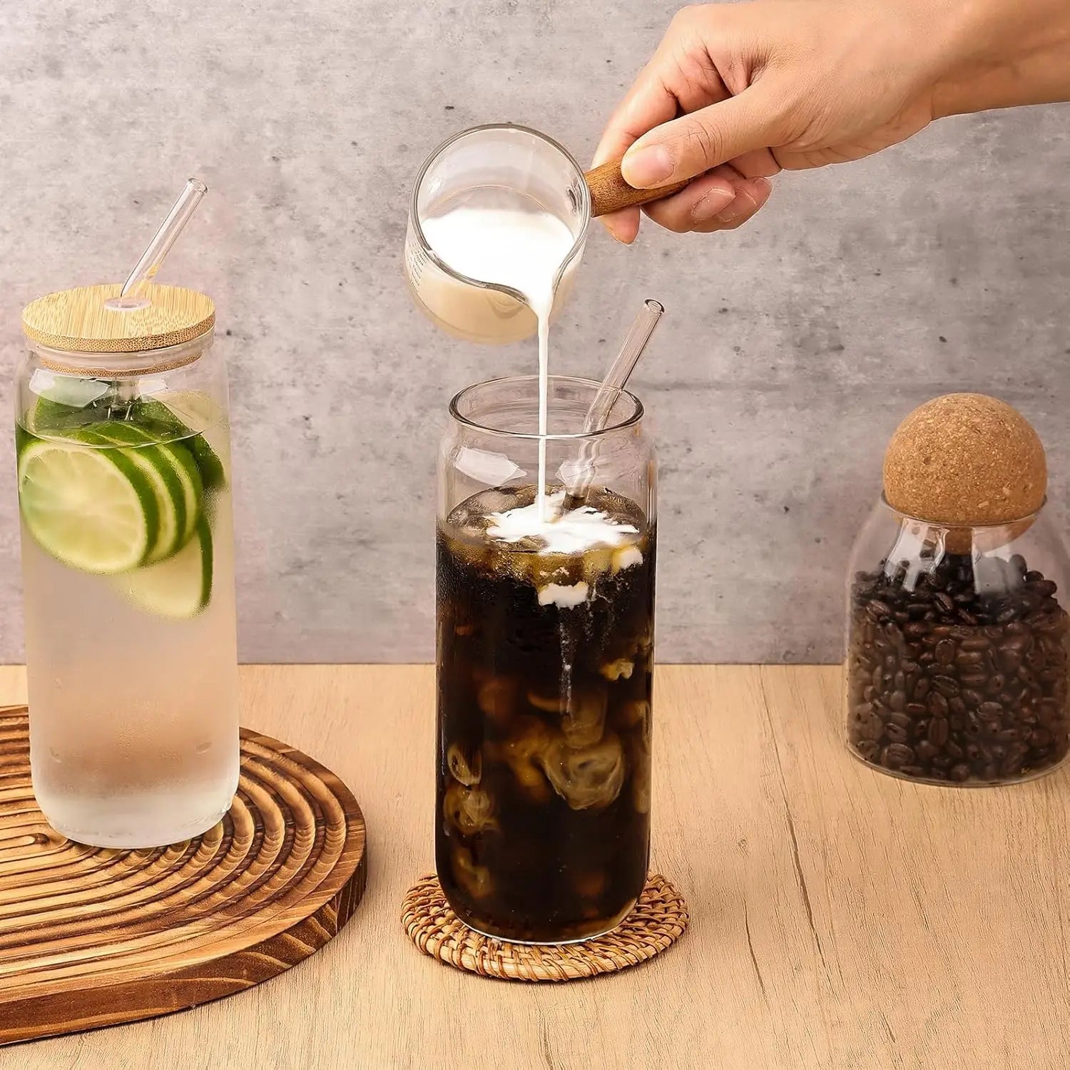 4-Piece 18.6oz Glass Cup Set with Bamboo Lids & Straws – Iced Coffee & Tea Glasses