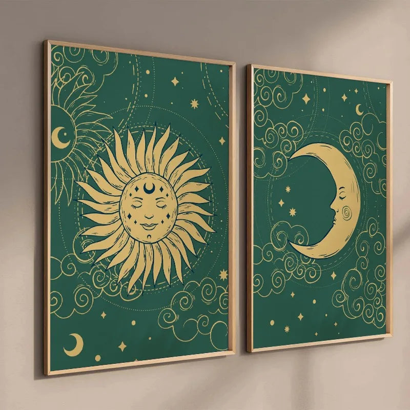 Celestial Green & Gold Sun + Moon Canvas Wall Art