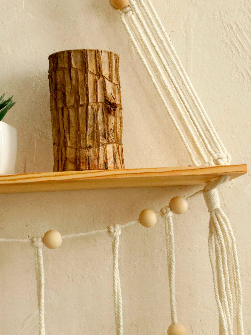 Boho Macrame Floating Wall Shelf with Leaf Tassels