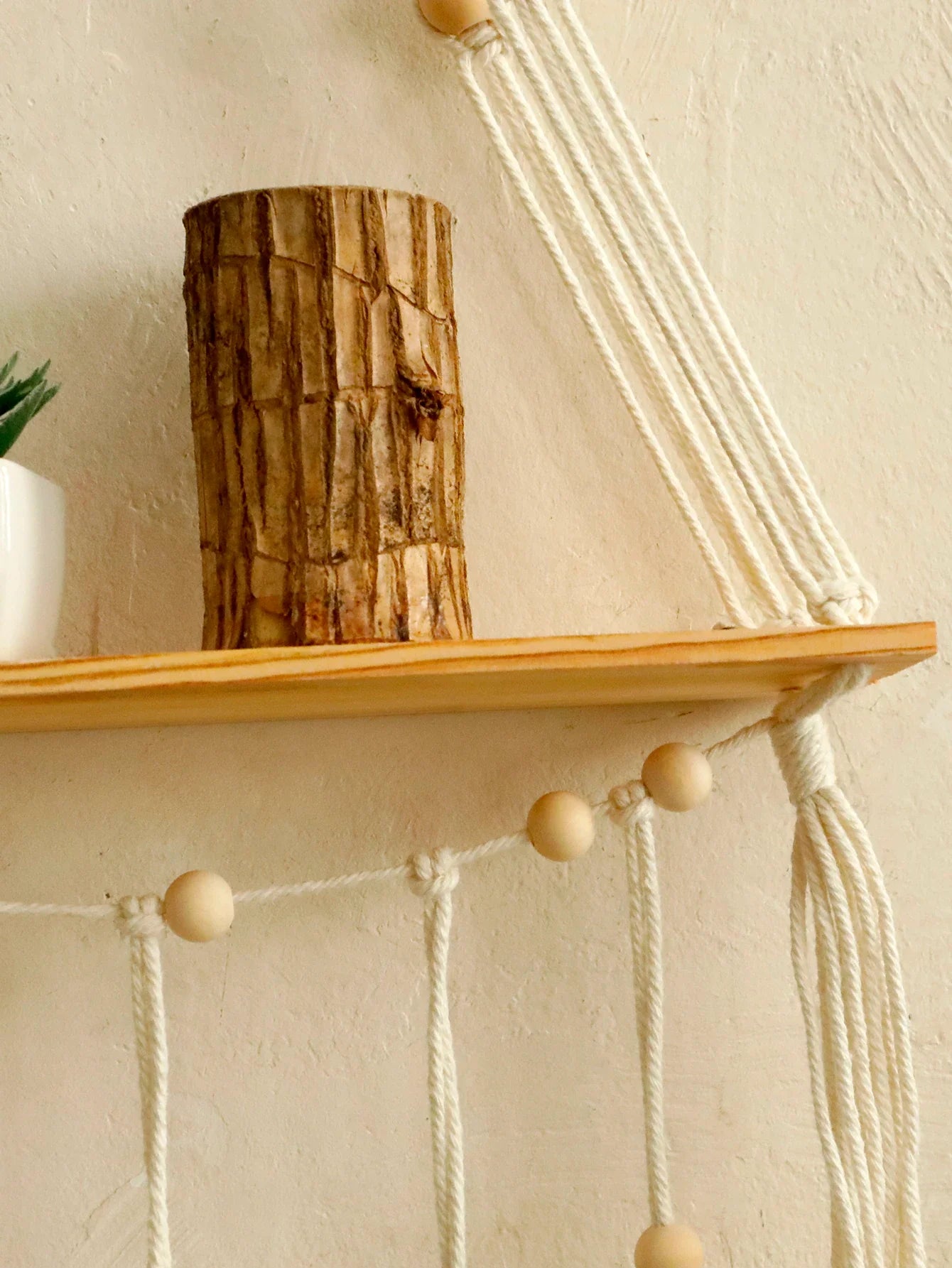 Boho Macrame Floating Wall Shelf with Leaf Tassels