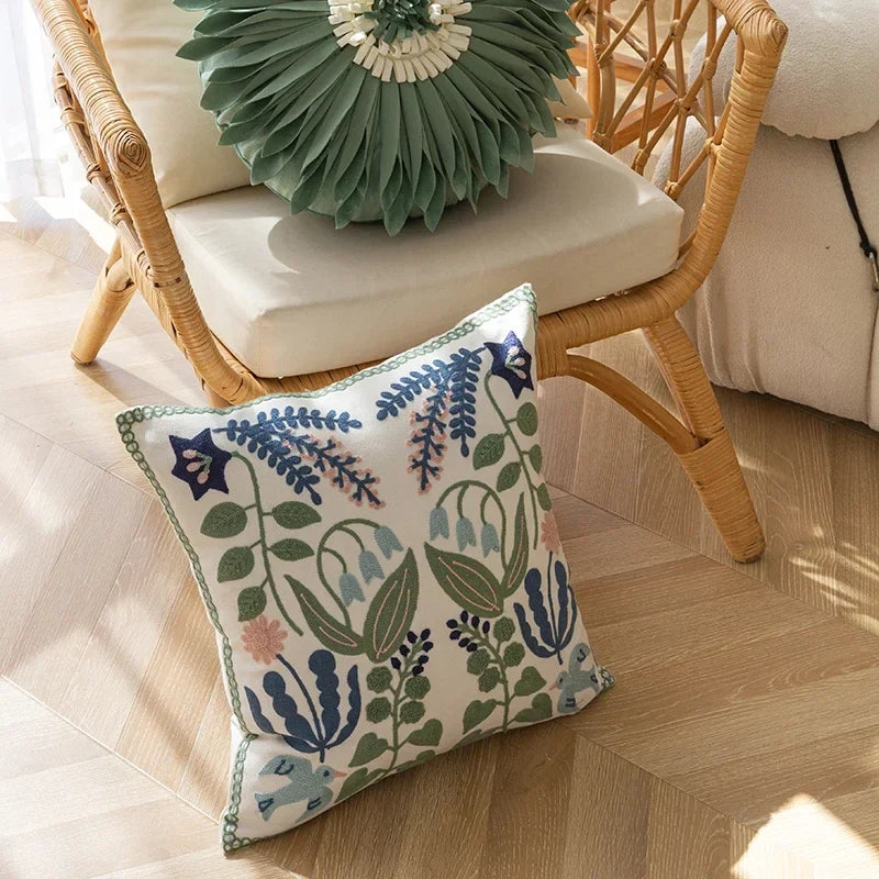Floral Embroidered Cotton Pillow Cover