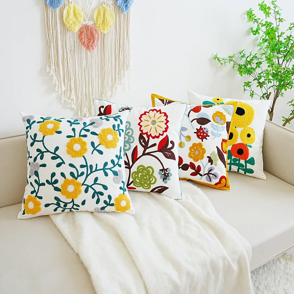 Boho Home Decor Floral Embroidered Pillow Cover – Square Decorative Cushion Case for Sofa & Home