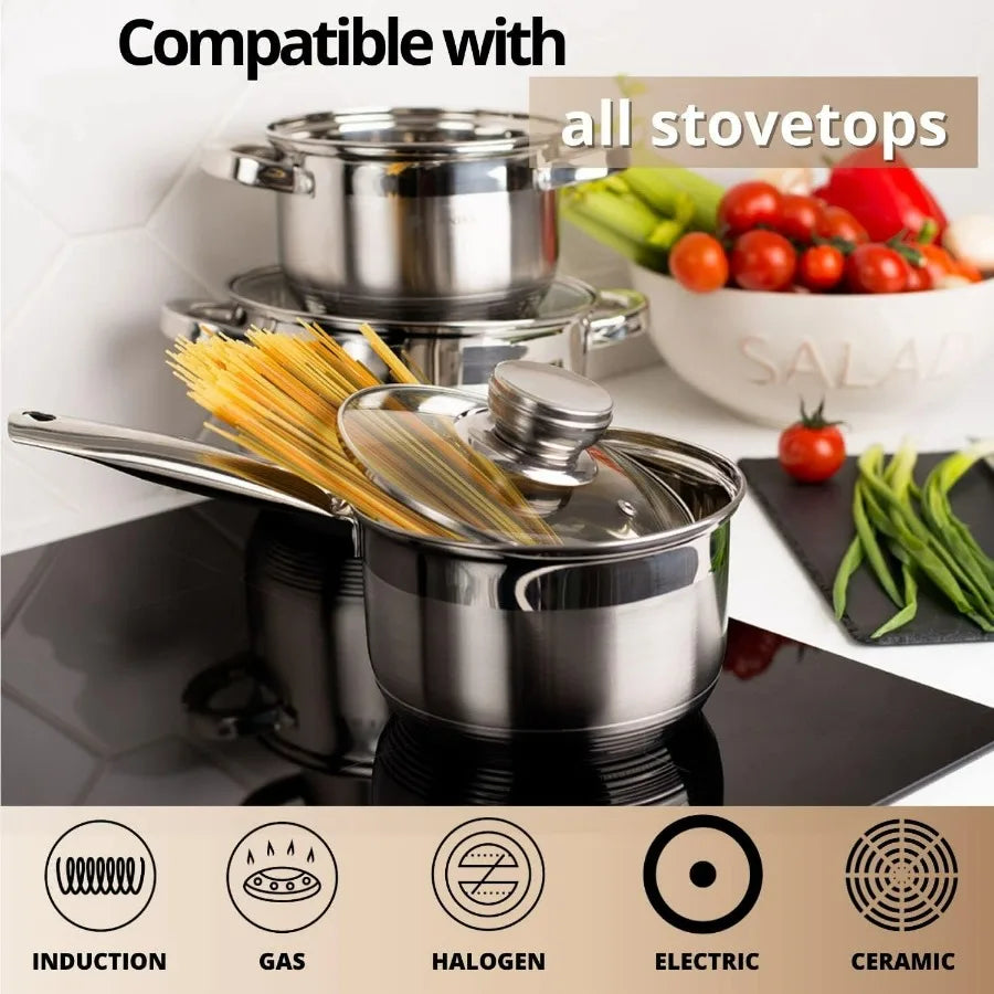 Standard 9-Piece Stainless Steel Induction Cookware Set, Saucepan, Dishwasher Safe Pots, Measuring Scale, Glass Lids, For Soup,