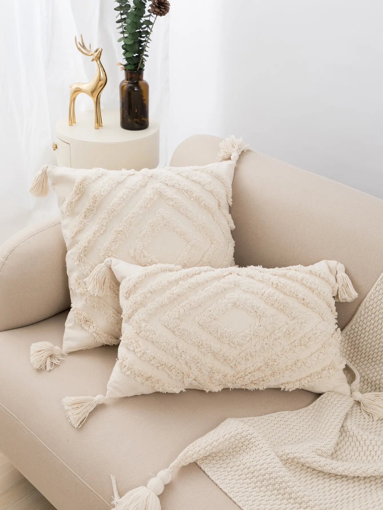 Beige Diamond Shaped Tufted Fringed Pillow Cover