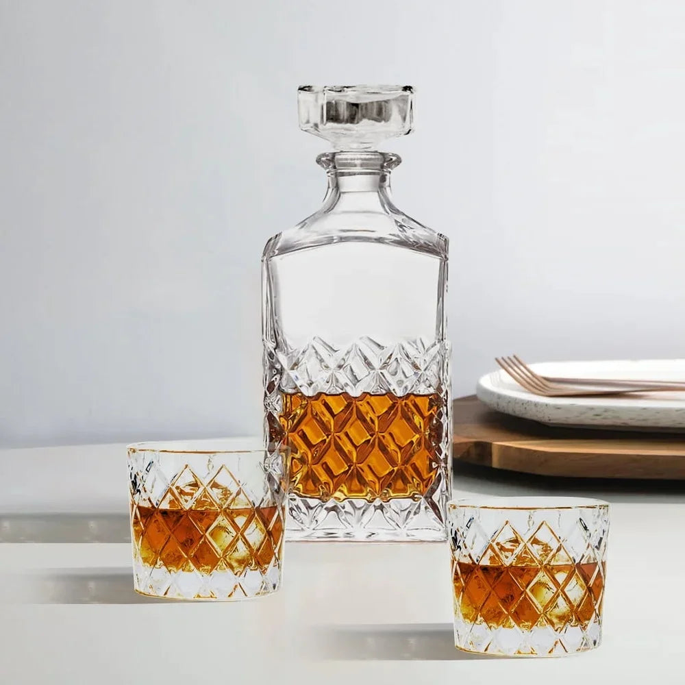 Diamond Cut Clear Glass Decanter and DOF Set 3 Pack 32oz Decanter 8oz Old Fashioned Glasses Durable Dishwasher Safe