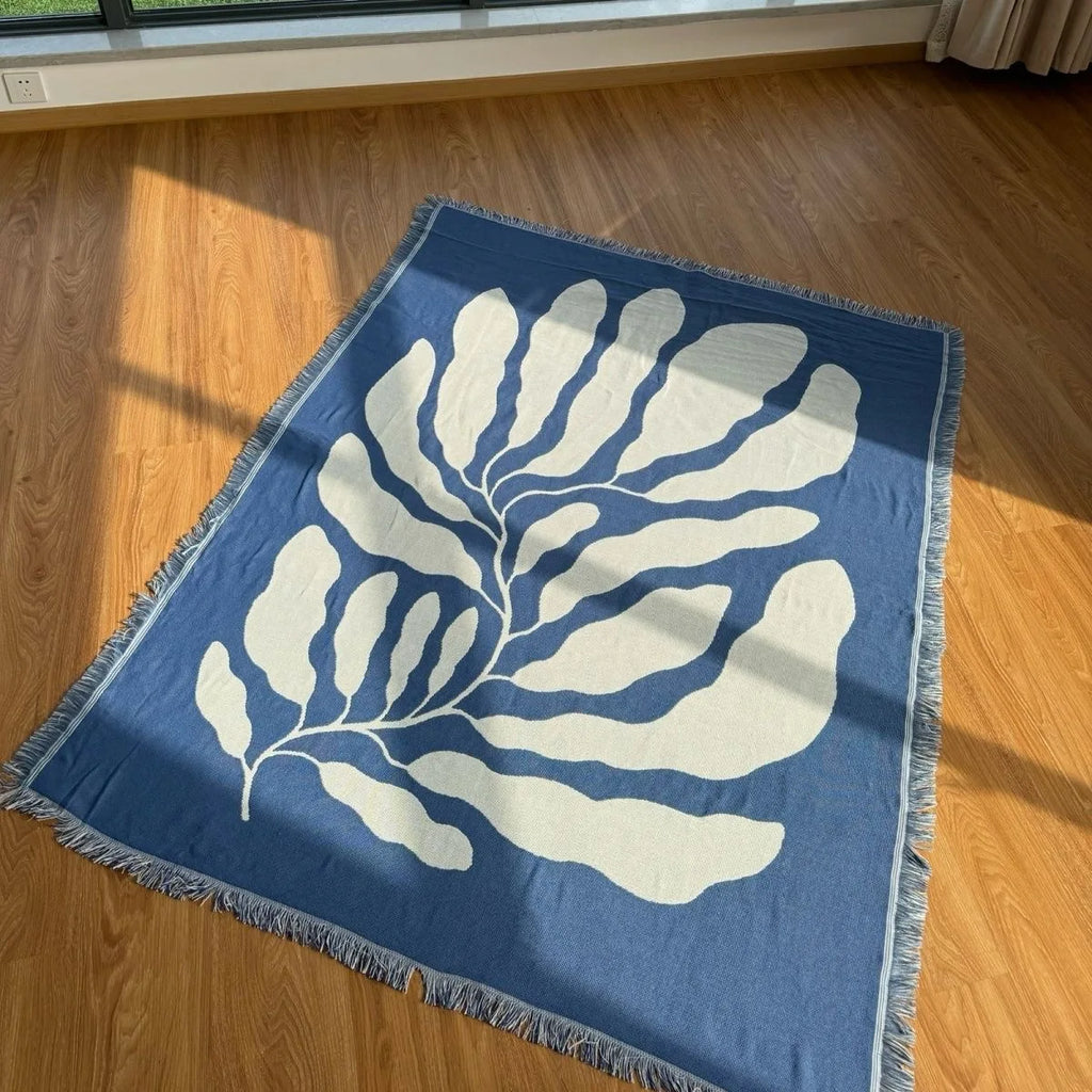 Blue Leaf Embroidered Throw Blanket