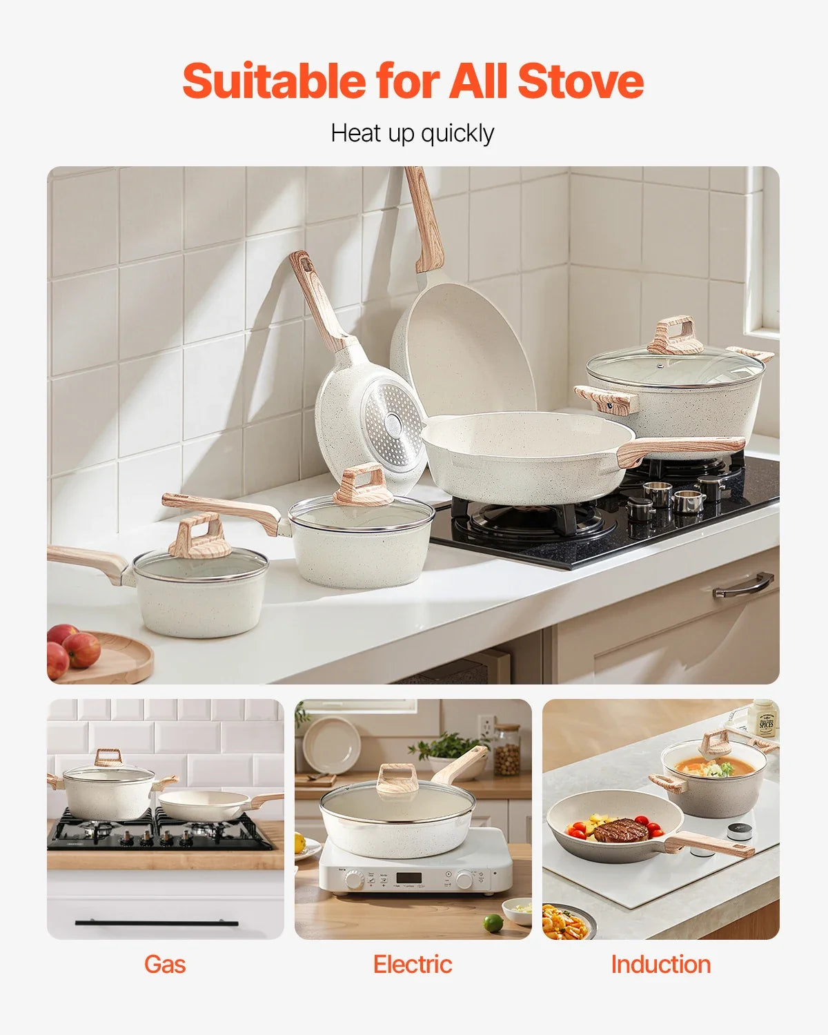 VEVOR 17 Piece Pots and Pans Set Granite Nonstick Cookware Set Induction Cookwares Kitchen RV Cooking Sets with Pan Protectors
