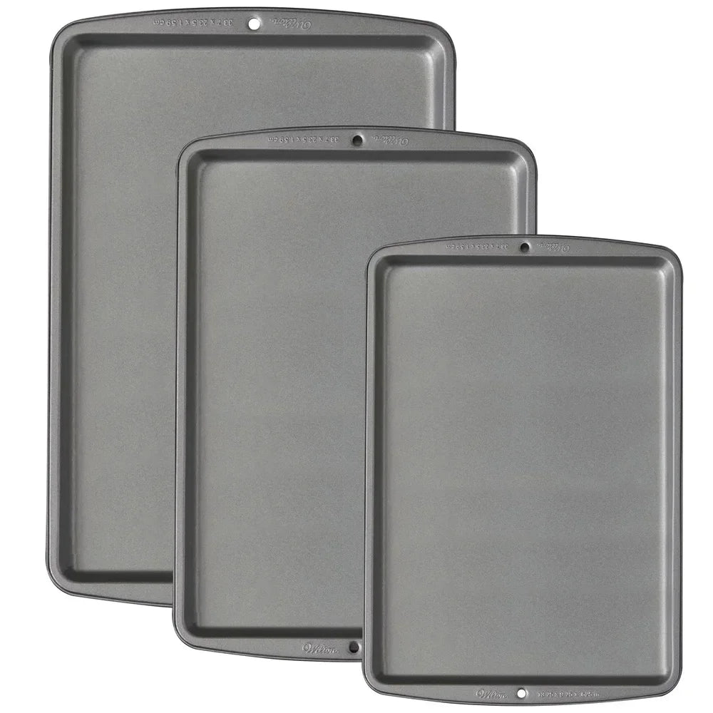Non-Stick Cookie Sheet Pan Bakeware Set 3-Piece Durable Carbon Steel Baking Trays Dishwasher Safe Oven Safe Heat Resistant Easy