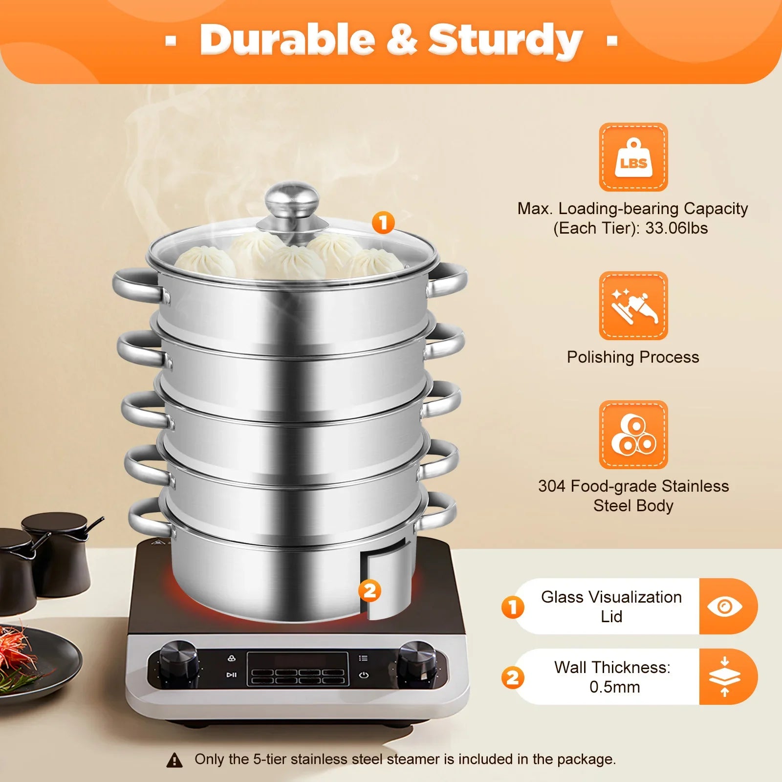 5-Tier Stainless Steel Steamer 15kg  Adjustable Grids Glass Lid for Home Kitchen Restaurant Dormitory Cooking