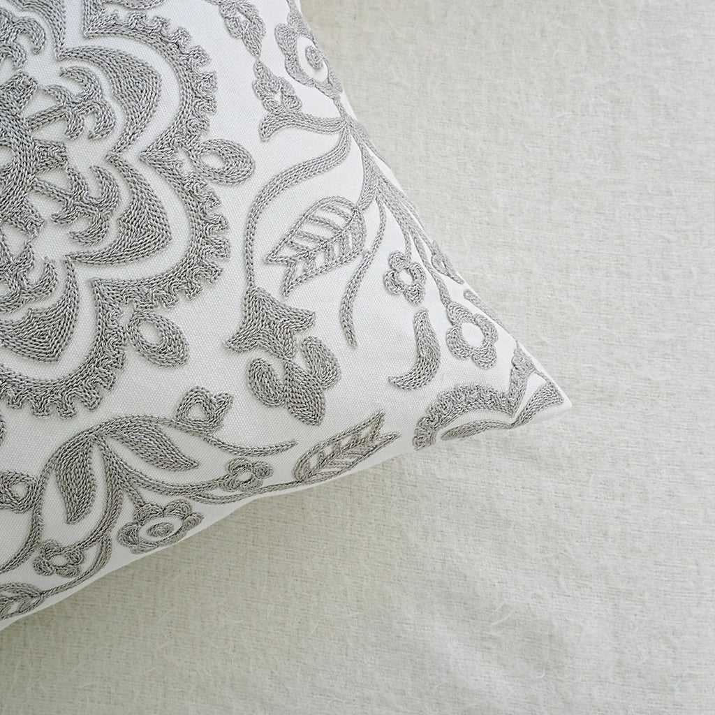 Gray Mandala Floral Embroidered Pillow Cover – Geometric Boho Home Decor Accent