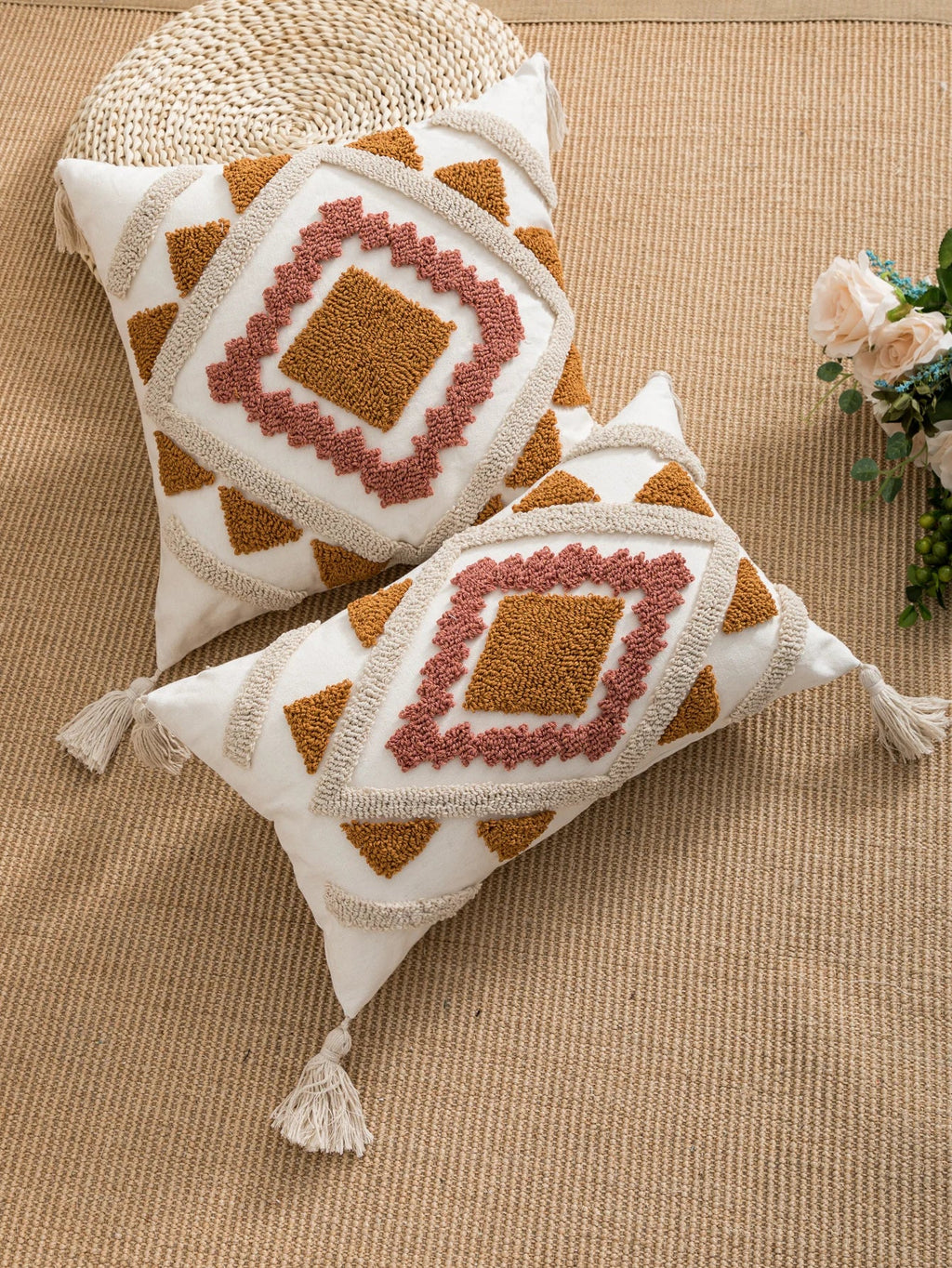 Geometric Tufted Pillow Cover With Tassels – Boho Home Decor Accent for Couch, Bed & Living Room