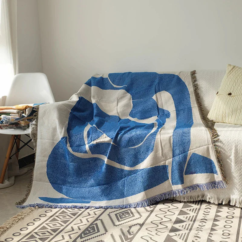 Blue Leaf Embroidered Throw Blanket