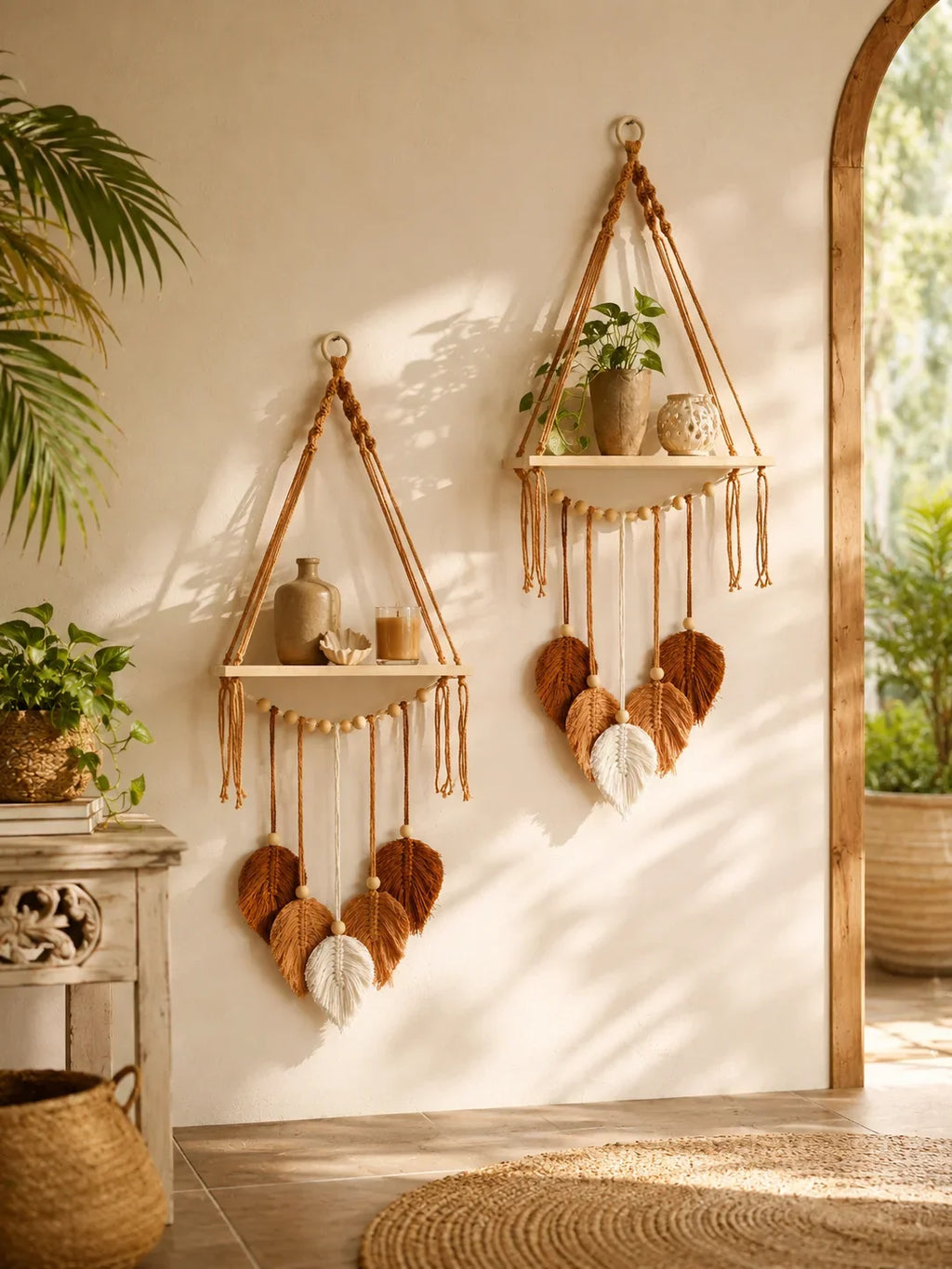 Boho Macrame Floating Wall Shelf with Leaf Tassels