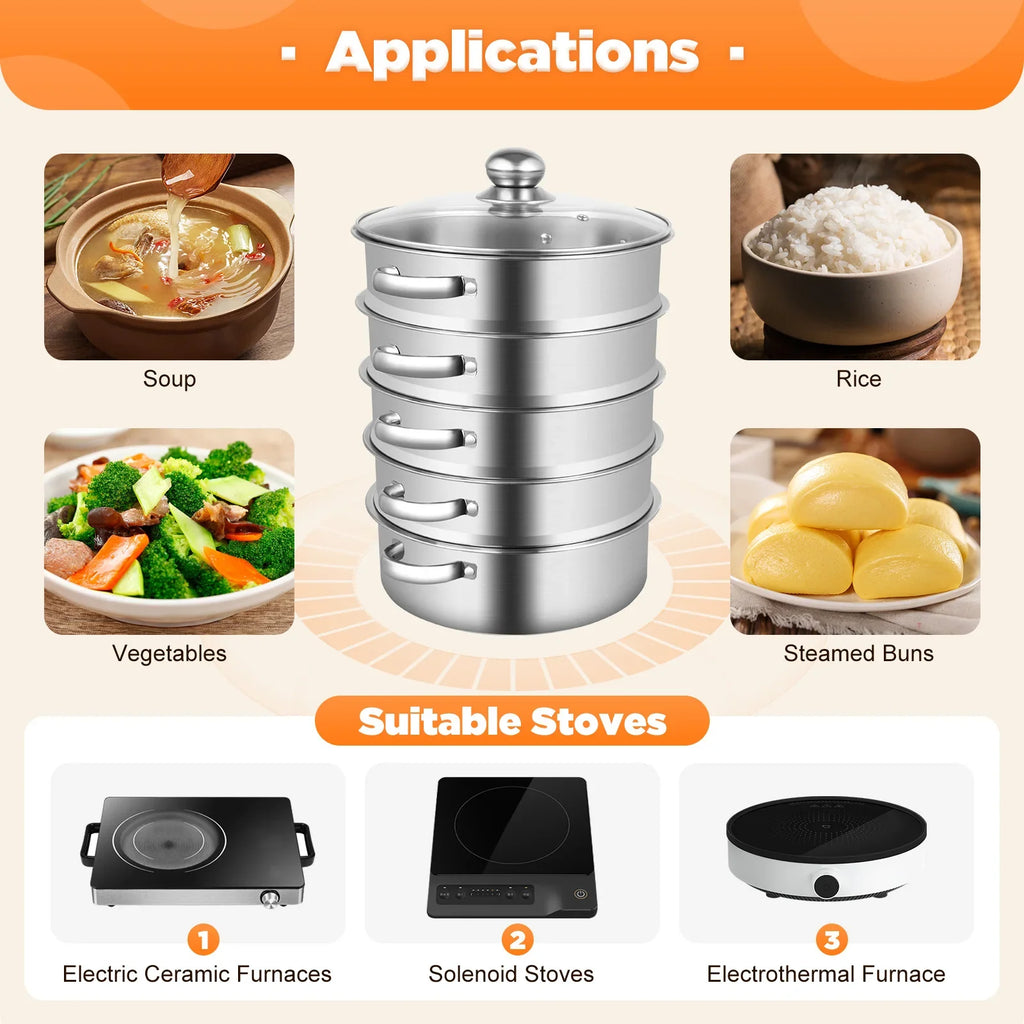 5-Tier Stainless Steel Steamer 15kg  Adjustable Grids Glass Lid for Home Kitchen Restaurant Dormitory Cooking