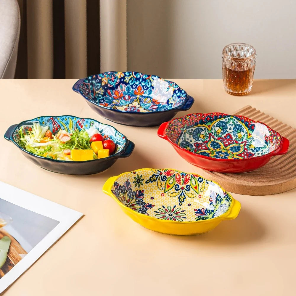 Bohemian Egg-Shaped Ceramic Baking Plate – 9" Colorful Oval Pasta, Salad & Fruit Dish