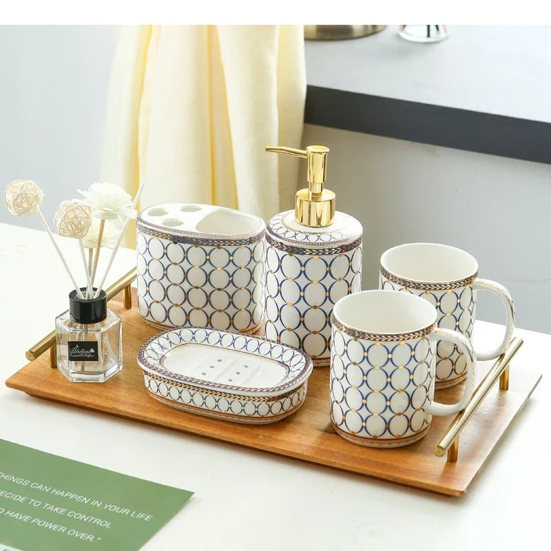 Ivory Porcelain & Gold-Plated Ceramic Bathroom Set – Black