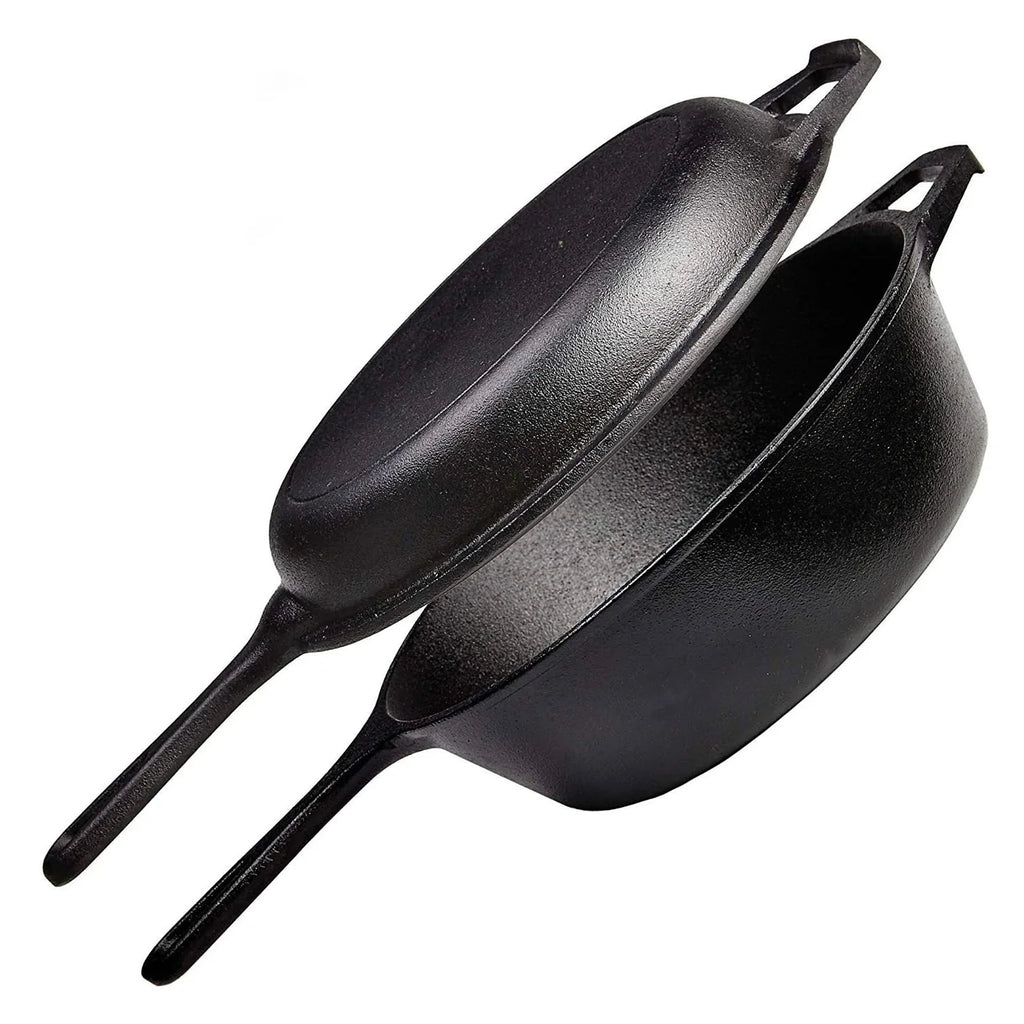 Dutch Oven & Skillet Combo，Preseasoned Cast Iron Cookware Set，2-In-1 Multi Cooker - Deep Pot + Frying Pan，Works for Bread, Indoo
