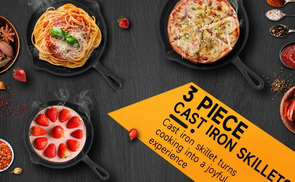 3PCS Pre-Seasoned Cast Iron Skillet Set (6/8/10 Inch) – Heavy-Duty Frying Pans for Oven, Grill & Campfire Cooking, Even Heat with Natural Non-Stick Surface