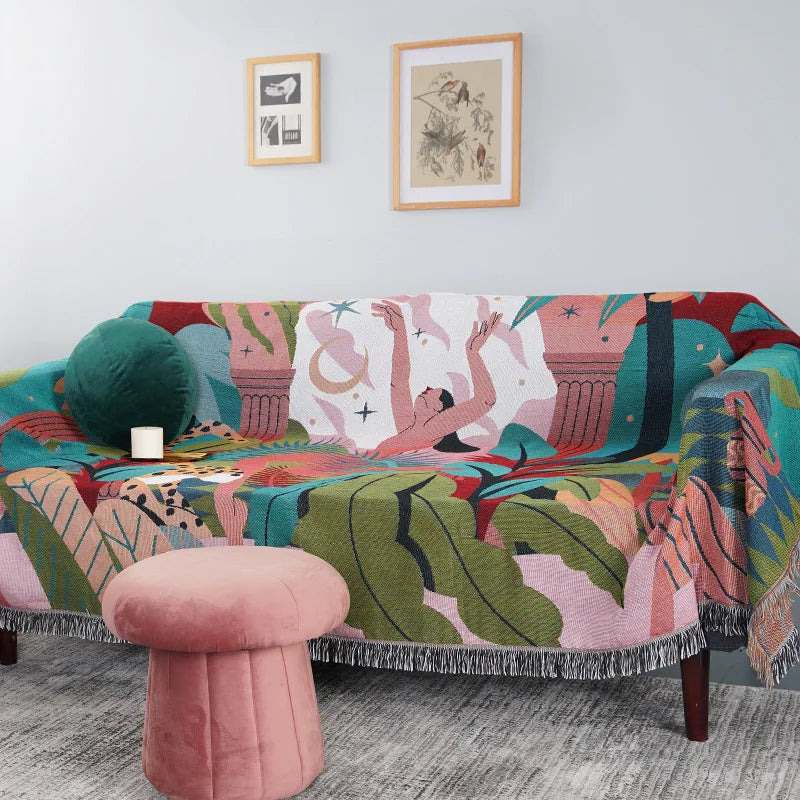 Forest Dancer Throw Blanket – Jungle Leaves Sofa Cover with Tassels