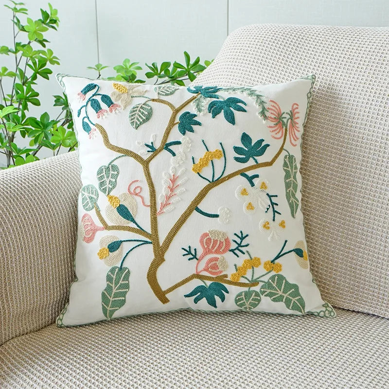 Embroidered Flower Throw Pillow Covers – Boho Cotton Cushion Covers for Bed, Sofa & Home Decor (30x50cm / 45x45cm)