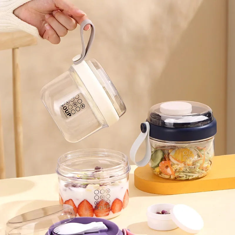 650ml Portable Handheld Breakfast Cup Yogurt PS Bowl Leak Proof Salad Bento Lunch Box with Spoon Organizer Kitchen Storage