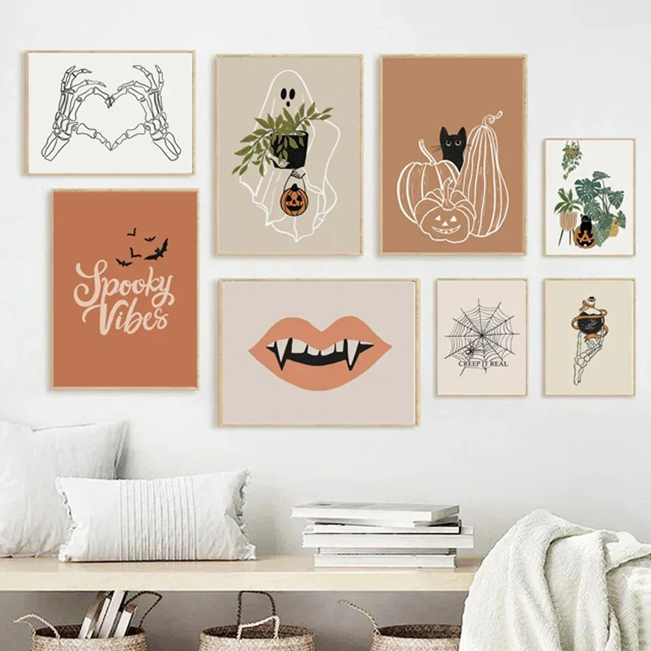 Fall Halloween Skull & Plant Canvas Wall Art Prints